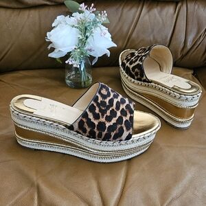 Christian Louboutin Leopard Fur Gold Accent Espadrille Wedges Size 9 US